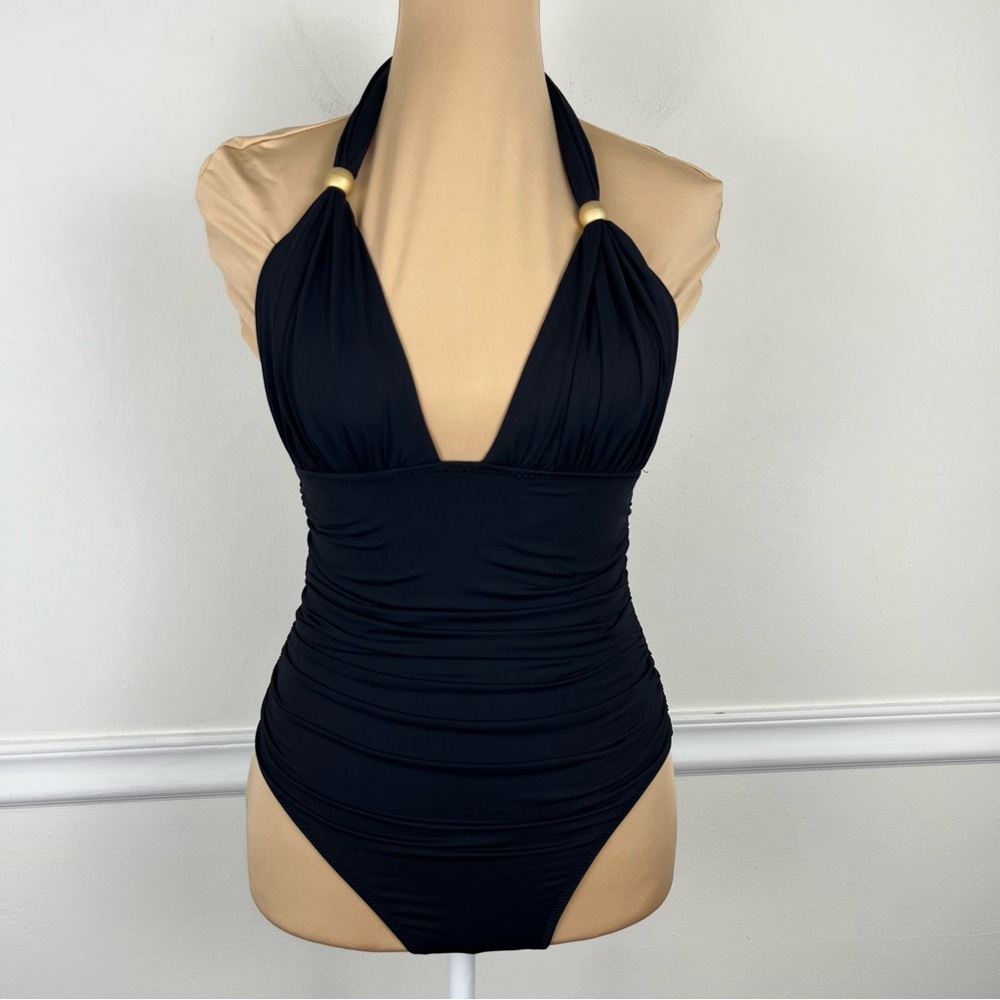 Melissa Odabash Black V Plunge Neck Halter One Piece Ruched Swim Sz 4/6